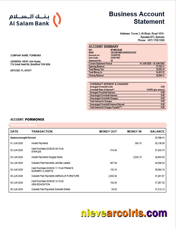 Al Salam firm account statement Word  and PDF format